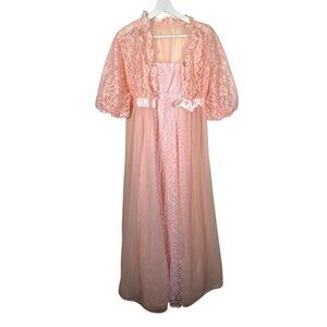 Vintage ILGWU Nightgown Set Pink Lace Maxi Dress Sheer Negligee Peignoir Robe